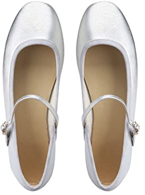 Julymens Mary Jane - Ballerine da donna, punta tonda, con fibbia, Argento, 39 EU