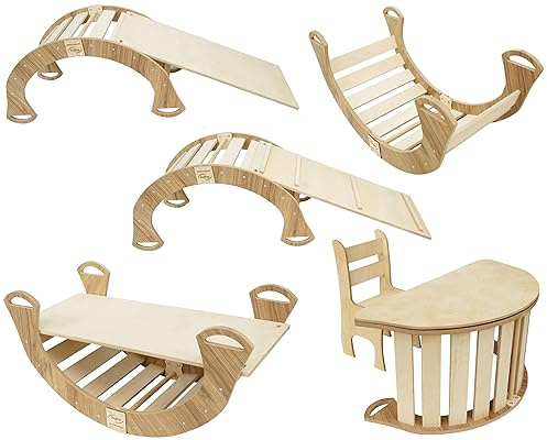 Skyline Balancelles Bascule Enfant Montessori Bebe 1 an Escalade Arche en Bois Mur descalade meble Arc à Grimper Bascule d'équilibre Portique 5in1 d'escalade Bureau et Chaise avec Toboggan L chêne
