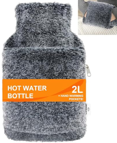 Bonilife Hot Water Bottle with Cover, 2L Large Hot Water Bottle for Period, Neck, Back Pain Relief, Fluffy Hot Water Bag with Cosy Hand Warmer Pocket Cover for Men Women Adult Kids-Black