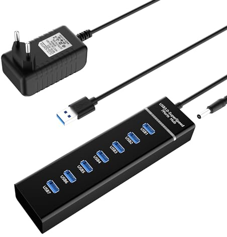 USB Hub Aktiv 3.0 med Strömförsörjning - 7 Portar Splitter Förlängare, Multiadapter för PC, Bärbar Dator, Flashdrives, Mobil HDD | USB- med flera kontakter, USB-förlängning, multiadapter för externa hårddiskar, tangentbord, mus och andra USB-enheter