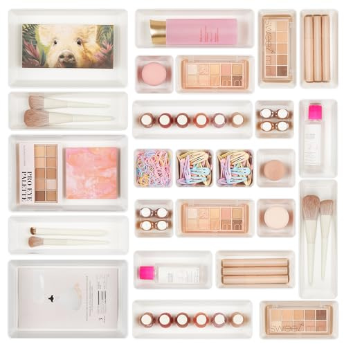 Vtopmart 25 PCS Plastic Drawer Organizers Set, 4-Size Versatile Bathroom and Vanity Drawer Organizer Trays, Storage Bins for Makeup, Bedroom, Kitchen Gadgets Utensils and Office