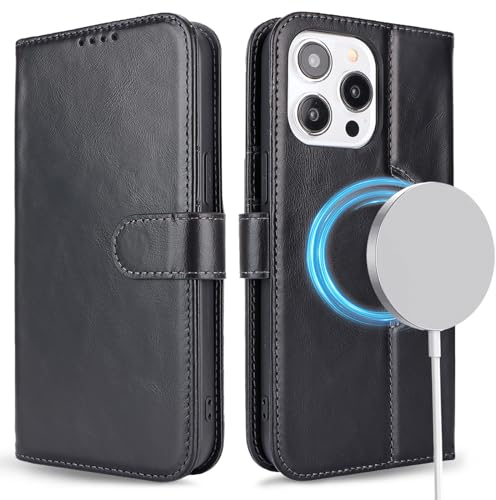 ELTEKER Handyhülle für iPhone 13 Pro Max Hülle [Echtes Leder] Klapphülle Schutzhülle Flip Case - Schwarz