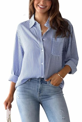 AIEOE Chemise Rayée Coton Chic et Élégant Chemise à Manches Longues Col en V Bleu XL