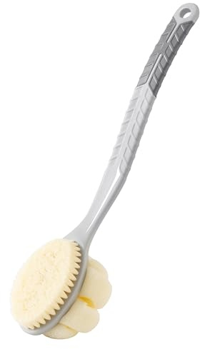 Arswin Shower Body Brush with Bristles and Large Pumpkin Loofah,Back Scrubber Bath Mesh Sponge with Anti-Slip Curved Long Handle for Skin Exfoliating,Massage Bristles for Wet or Dry,Men Women (Grey)