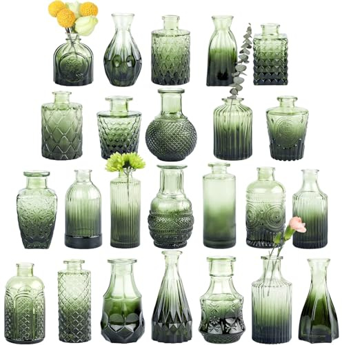 TBWIND glasvaser, 24 stycken, små gröna blomvaser för bordsfästen, mini-vintage-vas för bröllopsdekoration, enskilda blommor och bordsdekoration