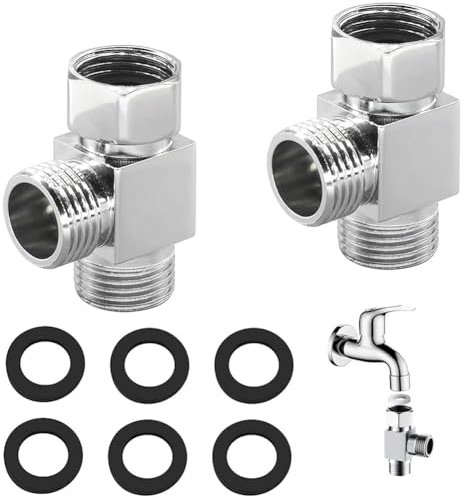 2PCS 3 Way T Shape Adapter G1/2 Diverter Valve Brass T Adapter Water Diverter 3 Way Device Hole with 6 Washers, Stainless Steel T Shower Diverter Valve for Faucet Rinse Toilet Tank