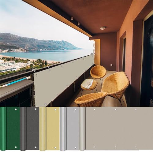 Valla para revestimiento de balcón, 400 x 500 cm, decoración de patio y jardín con ojales, bridas de nailon y cordón, color gris pardo, 160 g/m²