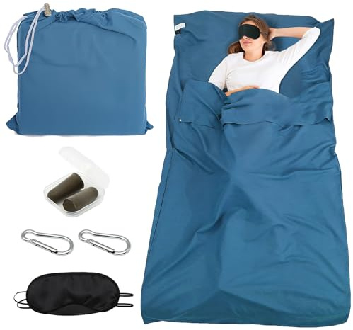 BORISCA 220x90cm Blu Lenzuolo Sacco a Pelo + Paraocchi + Moschettoni*2, Morbido e Confortevole Estivo Sacco a Pelo Ultraleggero, Sacco Lenzuolo da Viaggio Ultraleggero per Campeggio, Hotel, Treni