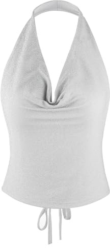 Women Glitter Sequin Halterneck Top Sparkle Sleeveless Sexy Camisole Sexy Hanging Neck Vest Ruched Sleeveless Backless Summer Crop Top for Club Party Cocktail Night Out Silver