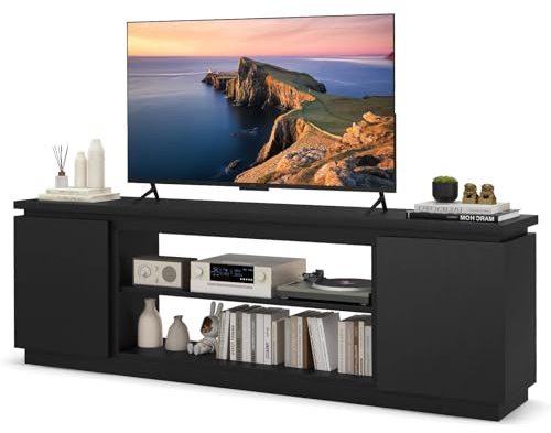 Multigot TV Stand Cabinet for TVs up to 80 Inches, Wooden TV Unit Console Table with 2 Doors & Adjustable Shelves, Media Entertainment Center 36 Fireplace Stand for Living Room, Bedroom (Black)