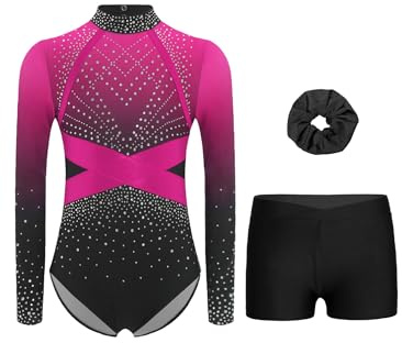Yruioon 3 Pièces Tenue De Gymnastique Pour Fille Pailletée Strass Justaucorps Manches Longues + Short + Bandeau Vêtements De Gym