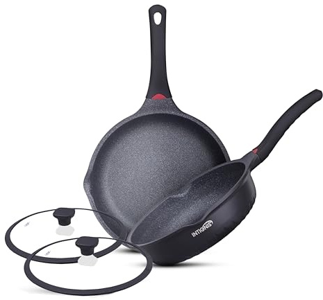 Non-Stick Frying Pan Set with Lids | Extra Deep Ceramic - 28cm & 30cm | Non-Toxic, Scratch-Resistant Frying Pans with Stainless Steel Induction Base | Non-Stick Frying Pan for Induction Hob (Black)
