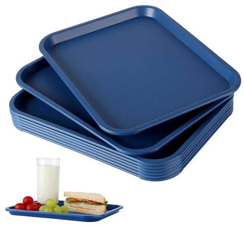 Funsuei 8 stycken snabbmatbricka, 35 x 27 x 2,3 cm plast rektangulär serveringsbricka, blå plastbricka för restaurang, matsal
