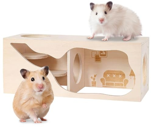 FARYODI Casa de madera para hámster con cámara y túnel, casa para animales pequeños, casa de hámster de madera, juguete de exploración para animales pequeños como hámsters, erizos, ratas y ratones