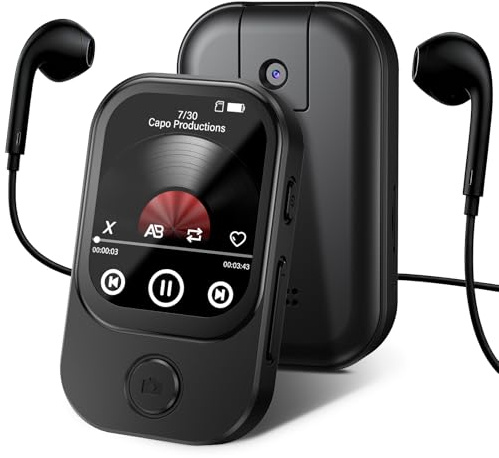64GB Lettore MP3 Bluetooth 5.4 con fotocamera apribile a 180°, RWSRW, mini lettore musicale HD, altoparlante FM, album fotografico, ideale per Hi-Fi, lettore e-book, contapassi (Nero1)