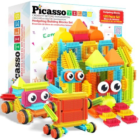 PicassoTiles 120pcs Hedgehog Interlocking Building Blocks Tiles Construction Toy Set Learning Playset STEAM Development Preschool Kindergarten Toy for Kids Age3+ PTB120