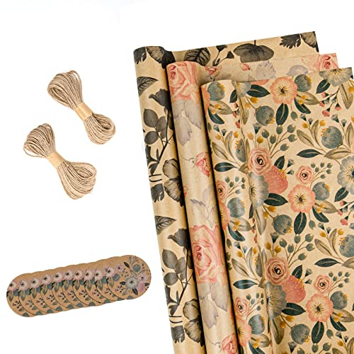 RUSPEPA Geschenkpapierrollen Mit Etikett, Juteschnur - 43cm X 3m Pro Rolle, Insgesamt 3 Rollen, Blumen