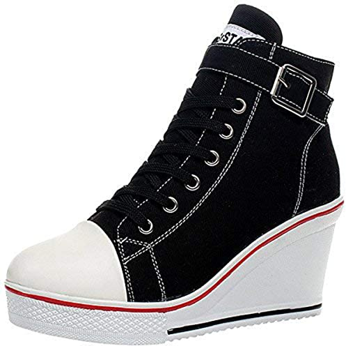 ALLINNINE Women's Sneaker Shoes High Heel Fashionable Canvas Shoes High Tube Lace Up Wedge Edge Zipper Slope Angle Shoes Size 4-11,Black,9.5