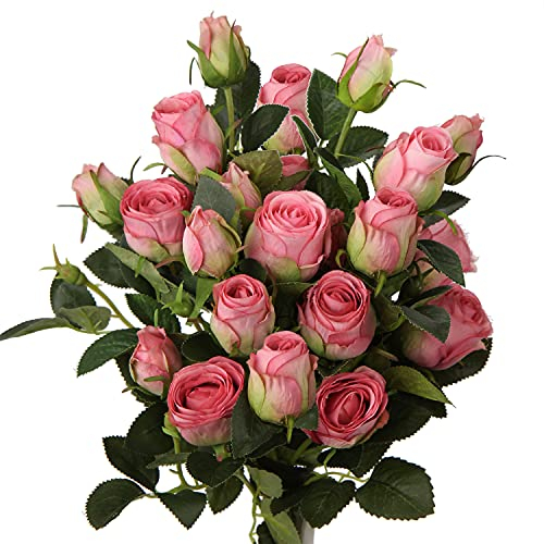 3 Stück Kunstblumen Künstliche Rosen Pflanzen Kunstrosen Rosenstrauss Einzelner Stiel mit 5 Blüten Rosen Hochzeitsdeko Kunstblumen wie Echt, Länge 60cm
