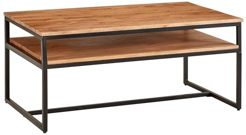 Wohnling Couchtisch 100x60x45 cm Massivholz Metall Sofatisch Wohnzimmertisch Akazie, Stubentisch Industrial mit Stauraum, Holztisch Kaffeetisch Massiv