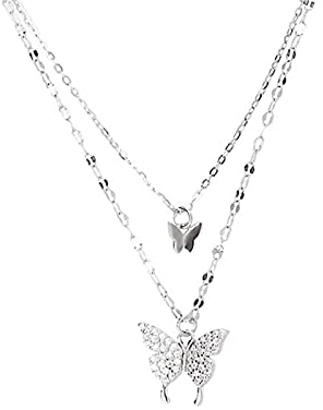 Angelkiss 925 Sterling Silber Halskette Glänzende Schmetterling Quaste Weibliche Doppelschicht Anhänger Schlüsselbein Kette Hochzeit Party Schmuck,Silber