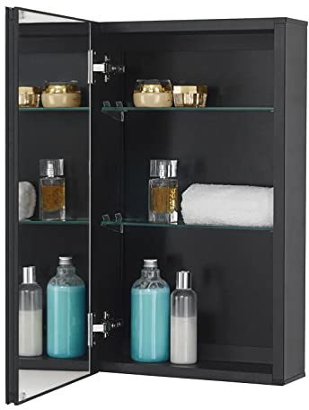 Fundin Mirror Cabinet 36 x61 CM Recessed or Surface Mount, Black Aluminum Bathroom Wall Cabinet with Mirror and Adjustable Shelves.