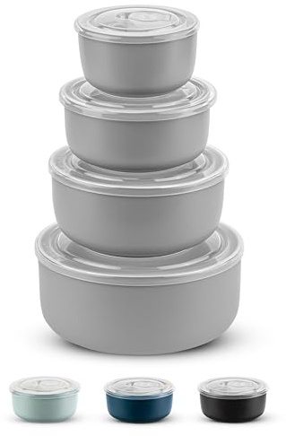 KooK Ceramic Nesting Bowls with Lids, Food Storage Containers, Kitchen Bowl Set, For Prep, Mixing and Serving, Microwave and Dishwasher Safe, Set of 4, 50/28/16/9 oz (Grey)