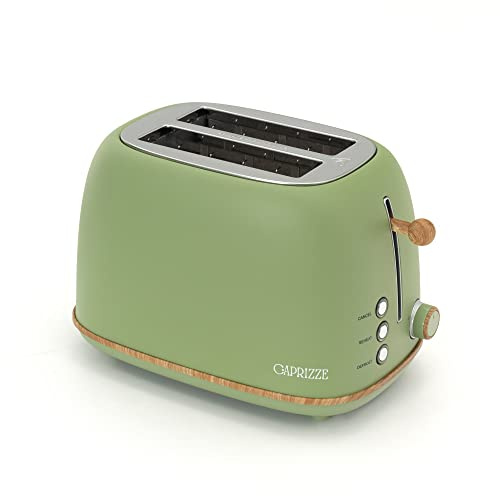 CAPRIZZE Kaito Toaster mit extra breitem Doppelschlitz, 3,8 cm und 13,5 cm lang, 6 Toaststufen, Vintage-Design, Holz-Effekt, matt grün