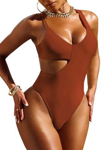Pink Queen Womens Cutout One Piece Swimsuit Tummy Control Brown M