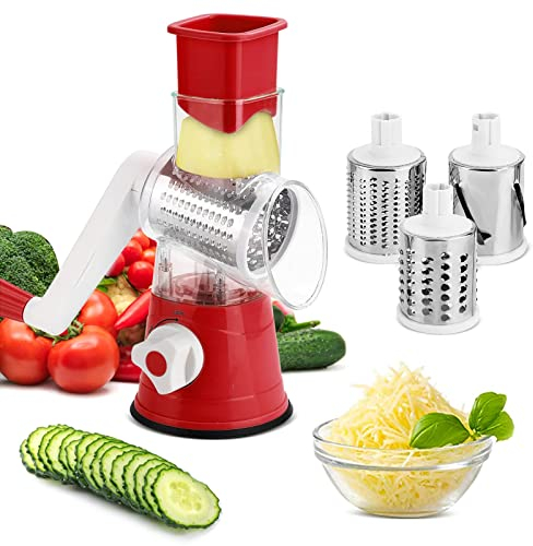 Trintion Rotary Vegetable Shredder 3 in 1 Rotary Cheese Grater Round Vegetable Mandoline Blades Handheld Fruit Vegetable Slicer Shredder for Fruit Nut and Vegetable Grate (Red)