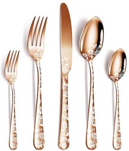 XIAOYU 5 Pieces Silverware Set, Black Flatware Set, Stainless Steel Mirror Polished Cutlery Set, Spoons Forks Knives Set with Unique Floral Laser, Rose Gold