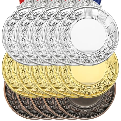 PATIKIL Tomma prismedaljer, 15-pack guld silver brons prismedaljer med halsband, gör dina medaljer kit, vinnare medaljer pris för sportspel tävlingar