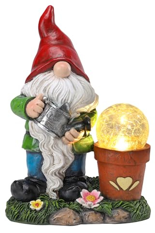 Ovewios Garden Gnome Statue, Resin Pots with Crack Ball Gnome Figurine with Solar Lights for Porch Patio Yard Outdoor Decor