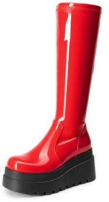DREAM PAIRS Women's Knee High Boots Wedge Platform Chunky Heel Round Toe Side Zipper Fashion Long Tall Sock Punk Goth Boots for Women,Size 7,Red-Pat,SDKB2409W
