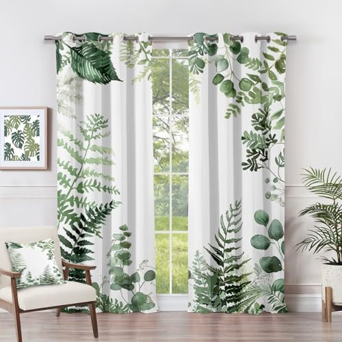 Vorhänge Blätter - Grünes Botanische Farnblätter Fenster Gardinen mit Ösen, Vorhang Blickdicht Verdunklungsvorhänge Thermovorhang für Wohnzimmer Schlafzimmer Deko 2er Set, H 166 x B 75 cm H#-258