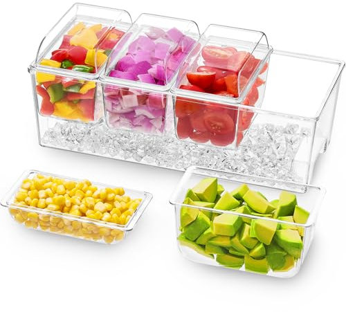 Lifewit Ice Chilled Condiment Caddy with 4 Containers(2.5 cup), Condiment Server with Separate Lids, Serving Tray Platter with Removable Dishes for Bar Accessories, Fruit, Salad, Taco, Party Garnish