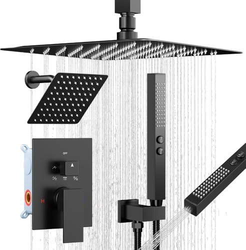Shower Faucet Sets Matte Black Shower System,Bostingner Five Function Diverter Shower Faucets with 2 in 1 Handheld,10'' Ceiling Mount and 6’‘ Wall Mount Shower Head Rainfall Shower Set with Valve