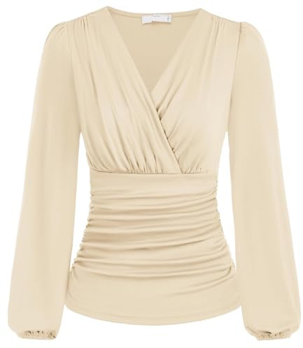 Damtröjor Elegant omlottblus V-ringad arbetsskjortor Höstmode Långärmad Dressy Casual Ruched Top(Beige,S)