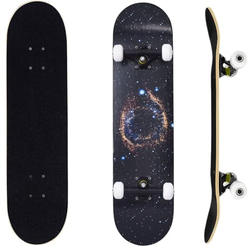 ERNAN Komplett skateboard för nybörjare, 81 x 20 cm dubbel sparkskateboard för barn, tonåringar och vuxna. med Skate T-verktyg. (Blå stjärnor)