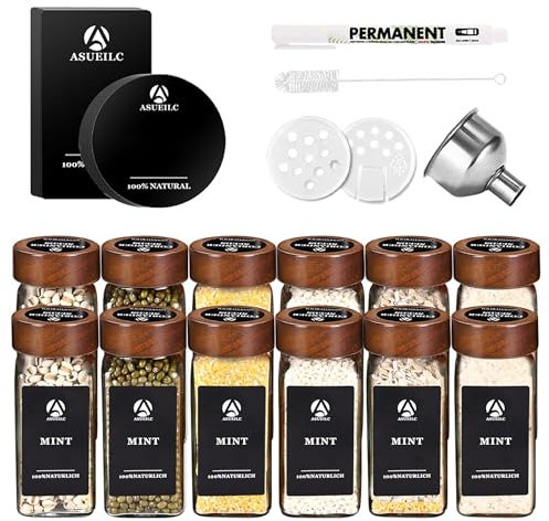 DSUID Square Spice Container Set of 12 with Acacia Wood Lids - 120ml Airtight Jars for Storage - Rack Included