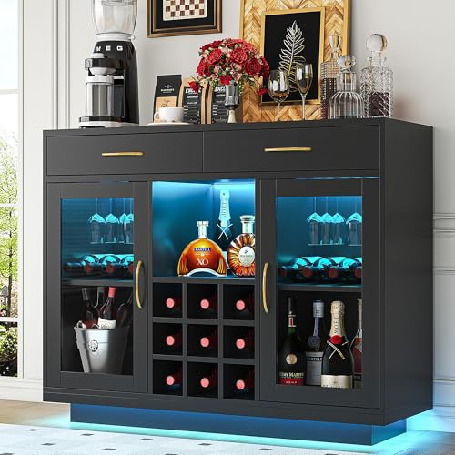 knoworld Wine Bar Cabinet with LED Lights, Coffee Bar Cabinet with Wine and Glass Rack, Black Bar Cabinet Liquor Cabinet, Kitchen Buffet Sideboard with Storage for Living Room, Dining Room