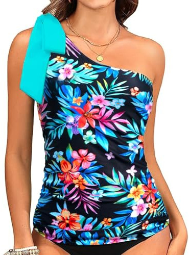 TcIFE Set Tankini Donna Due Pezzi con Una Spalla Costume da Bagno Fiocco Staccabile Costumi Controllo Pancia