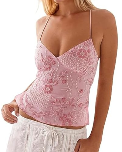 Nicoxijia Womens Sequin Sparkle Halter Crop Tops Sexy Sleeveless Deep V Neck Backless Glitter Tank Top Y2k Bling Rave Outfits (C-Pink, S)