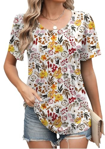 PICKLION Womens T Shirts Floral Tops Summer Ladies Tshirts Short Sleeve Pleated Casual Tunic Blouse Shirts FloralYellow XL