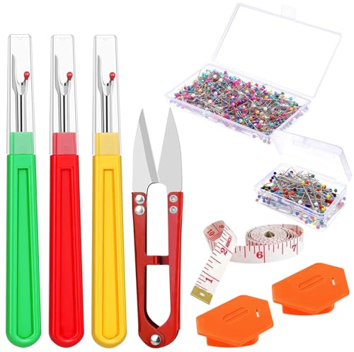 307PCS Seam Rippers for Sewing Kit: 3 Quick Stitch Unpicker Tool with Lid, Unpicker Sewing Tool with 2 Magnetic Seam Guide, 300 Pins ＆ 1 Scissor, for All Kinds of Sewing Jobs DIY Crafting