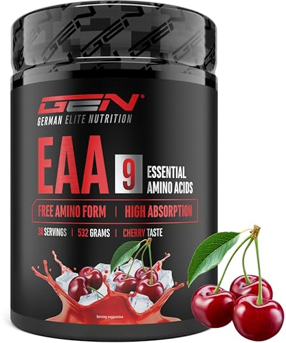 Polvo de EAA 532 g (38 porciones) - Los 9 aminoácidos esenciales incl. histidina y BCAA - Fórmula Human Code - Muy soluble - Refrescante bebida de aminoácidos (Cherry)