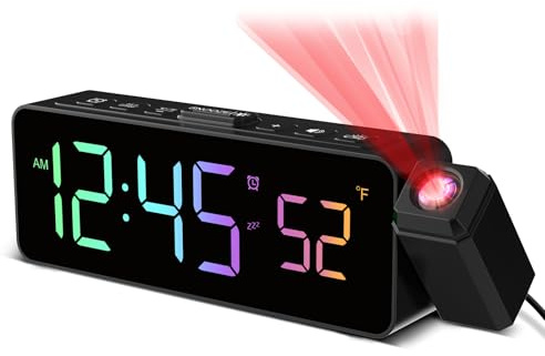Despertador digital con proyector de 180°, pantalla de temperatura, pantalla LED, 4 niveles de brillo, 3 niveles de volumen, función snooze de 9 minutos, formato 12/24H, despertador con proyección RGB