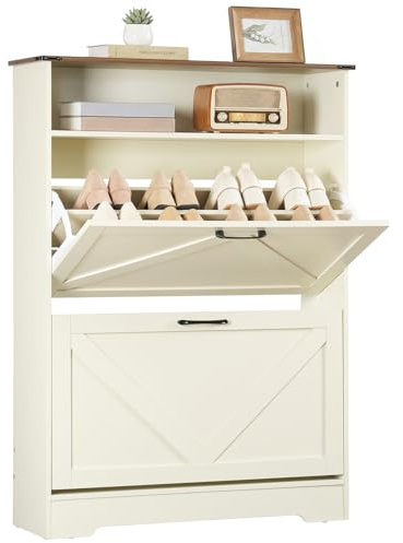HOOBRO Scarpiera Verticale con 2 Ribaltatori per Scarpe, Mobile in Legno con Scomparto Aperto e Ripiani Regolabili, 2 Modi di Frontale, per Ingresso Salotto Corridoio, Noce e Bianco Caldo