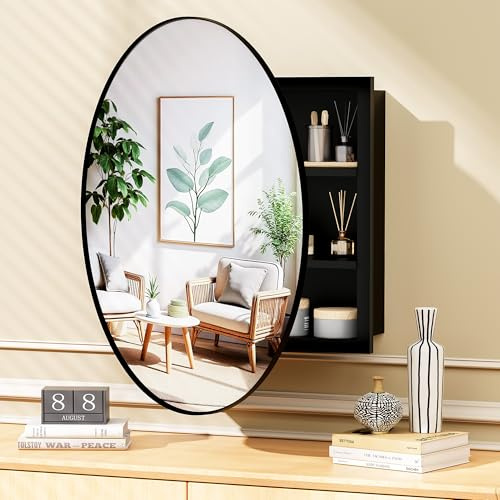 Cakhdry Black Medicine Cabinet Mirror, Wall Mounted Bathroom Vanity with Mirror, 23.2 Round Bathroom Medicine Cabinet with Storage Function, Removable Shelves, Metal, NO Assembly