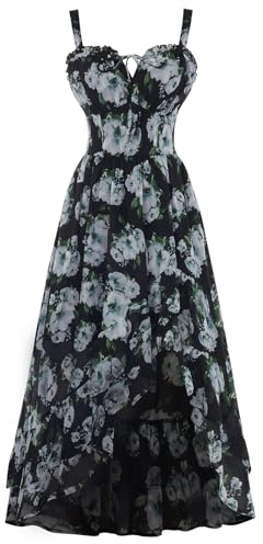 SCARLET DARKNESS Robe longue à motif floral victorien avec bretelles spaghetti et ourlet à volants pour femme